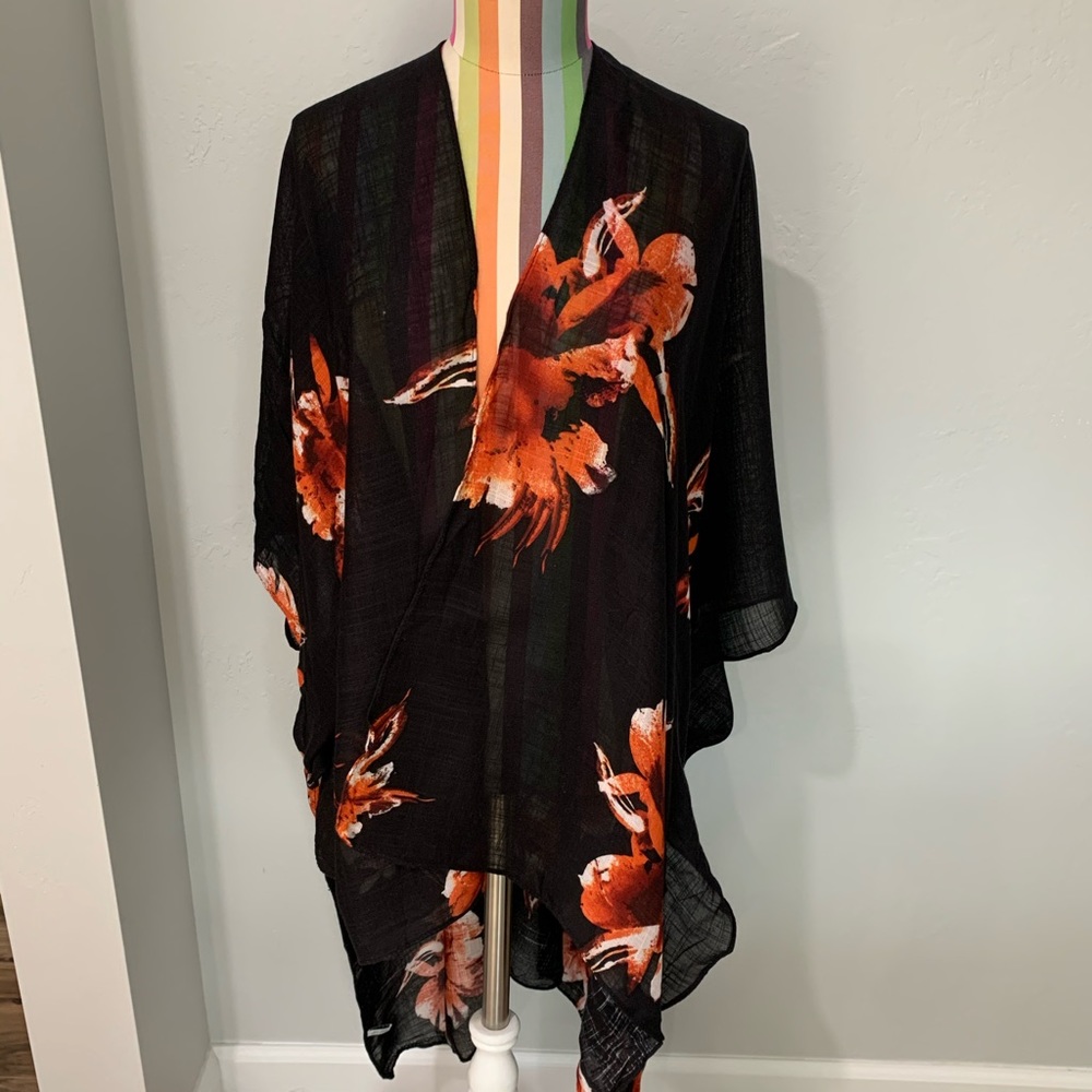 Long Black Kimono with Large Floral Print